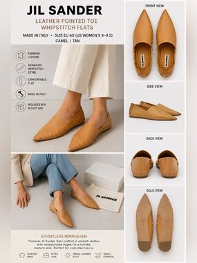 Jil Sander Leather Pointed Toe Whipstitch Flats EU 40 Camel Tan Box Dust Bag